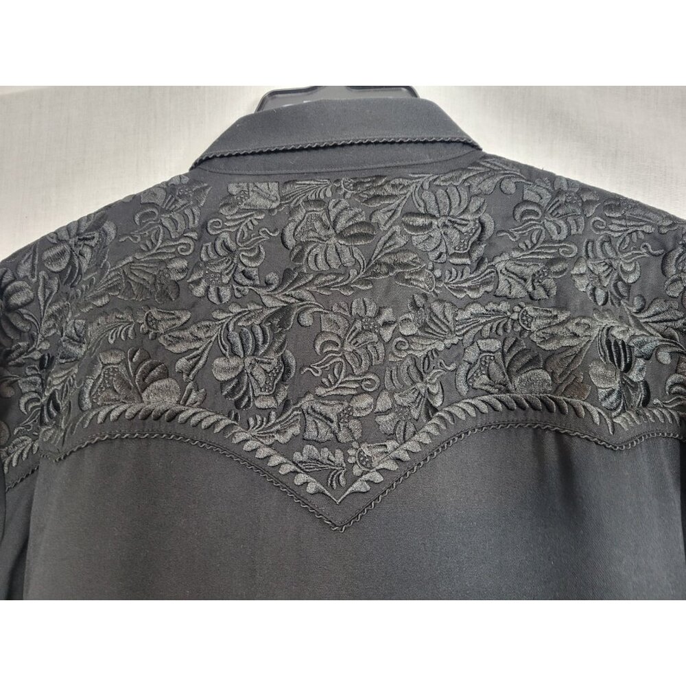 SCULLY XL Black Western Shirt Heavy Black Embroidered Floral Pearl Snaps Rodeo - Picture 4 of 7